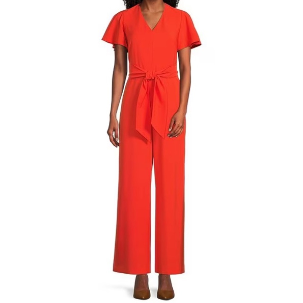 PRESTON & YORK Kayla V-neck Short Flutter Sleeve Tie Belt Jumpsuit in Poppy